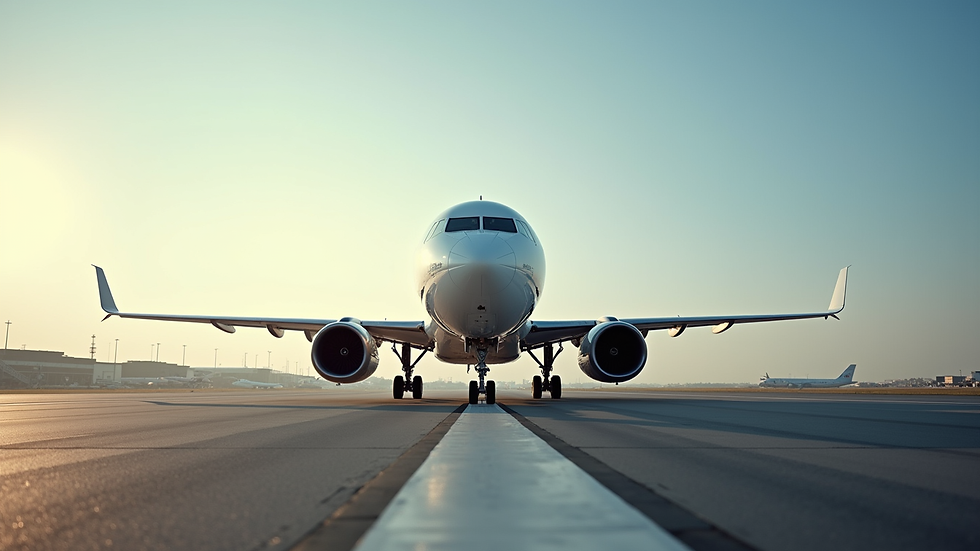 Eye-level view of airport runway with aircraft taxiing