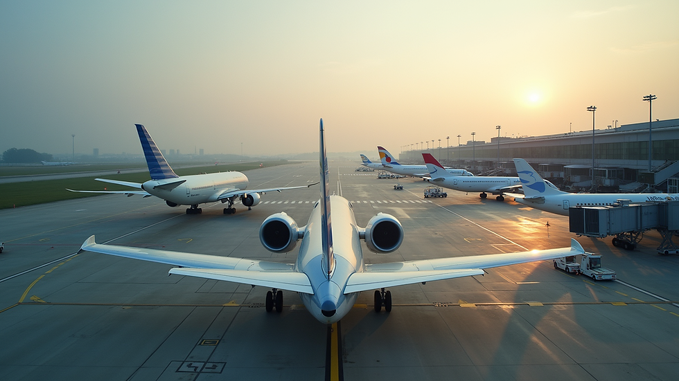 High angle view of an airport runway with multiple aircraft parked