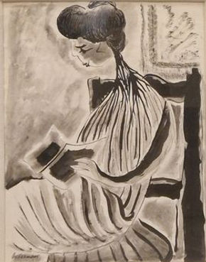 Paul Ackerman (1908-1981). La lecture Encre noire et lavis sur papier, porte le cachet de la signature en bas à gauche 26.5