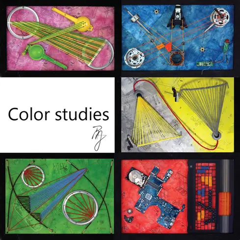 Series of five pieces of assemblage created by Raul Mendoza Azpiri with found objects, IKEA instruction manuals, water color  and cotton/wool yarn, over discarded wooden bottom drawers.
