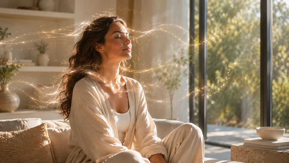 Woman peacefully meditating in a modern wellness space surrounded by soft glowing energy waves representing terahertz frequency wellness and relaxation.