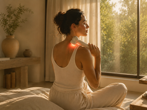 Woman relaxing in a peaceful home setting while using a handheld wellness device on her shoulder to support stress relief and daily relaxation routines.