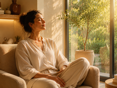 Woman peacefully relaxing in a cozy home wellness space with warm natural lighting, supporting calmness, mindfulness, and natural daily relaxation routines.