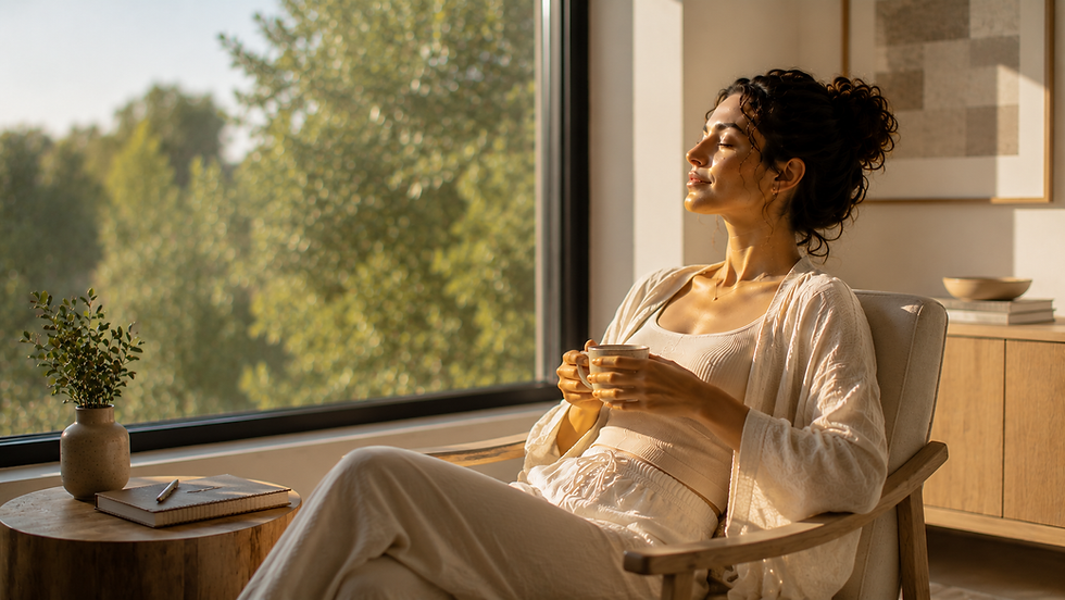 Woman sitting peacefully with a warm drink by a window, practicing a simple self-care routine focused on relaxation, mindfulness, and daily wellness.