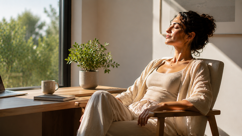 Woman sitting calmly by a desk near a window, practicing a midday reset routine to reduce stress, improve focus, and support mental clarity.