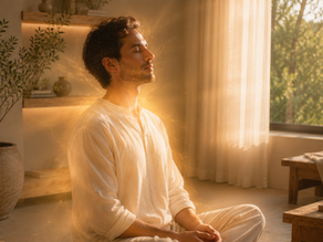 Man peacefully meditating in a calming wellness space surrounded by warm glowing energy tones representing emotional balance, relaxation, and Yes Therapy wellness practices.