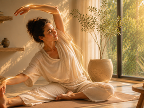 Woman gently stretching in a peaceful home wellness space to support circulation, movement, relaxation, and natural energy flow.