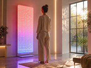 Woman standing peacefully in front of a full-body multi-spectrum light panel featuring red, blue, and infrared light in a modern wellness space.