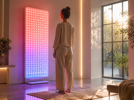 Woman standing peacefully in front of a full-body multi-spectrum light panel featuring red, blue, and infrared light in a modern wellness space.