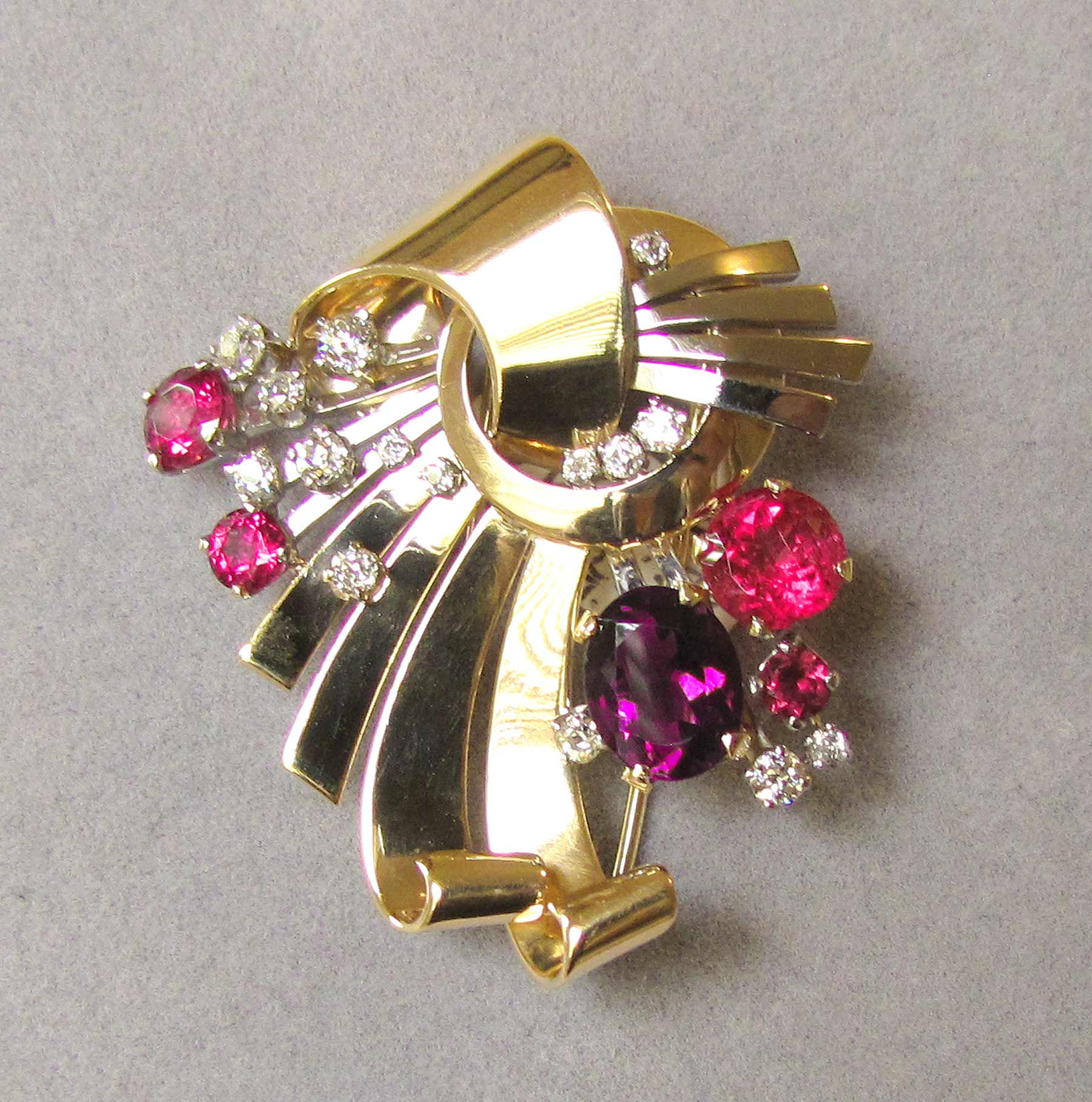 Retro 1940s 14K Diamond and Gemstone Brooch
