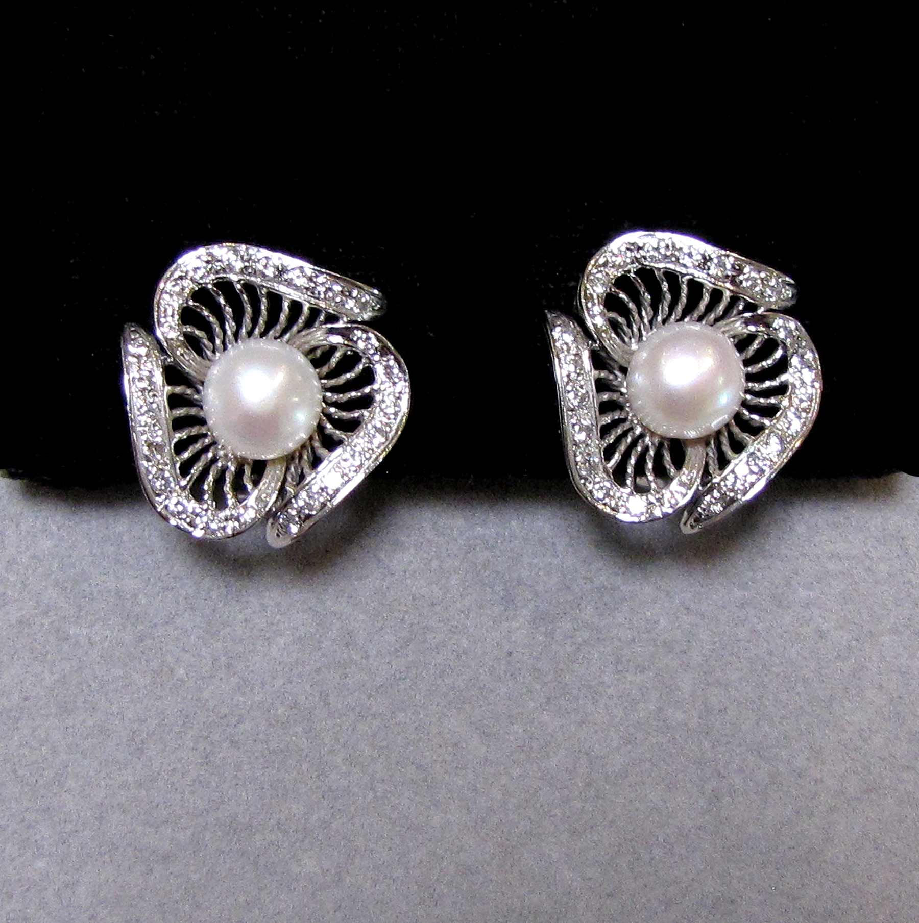 White Gold Pearl and Diamond Open Work Earrings