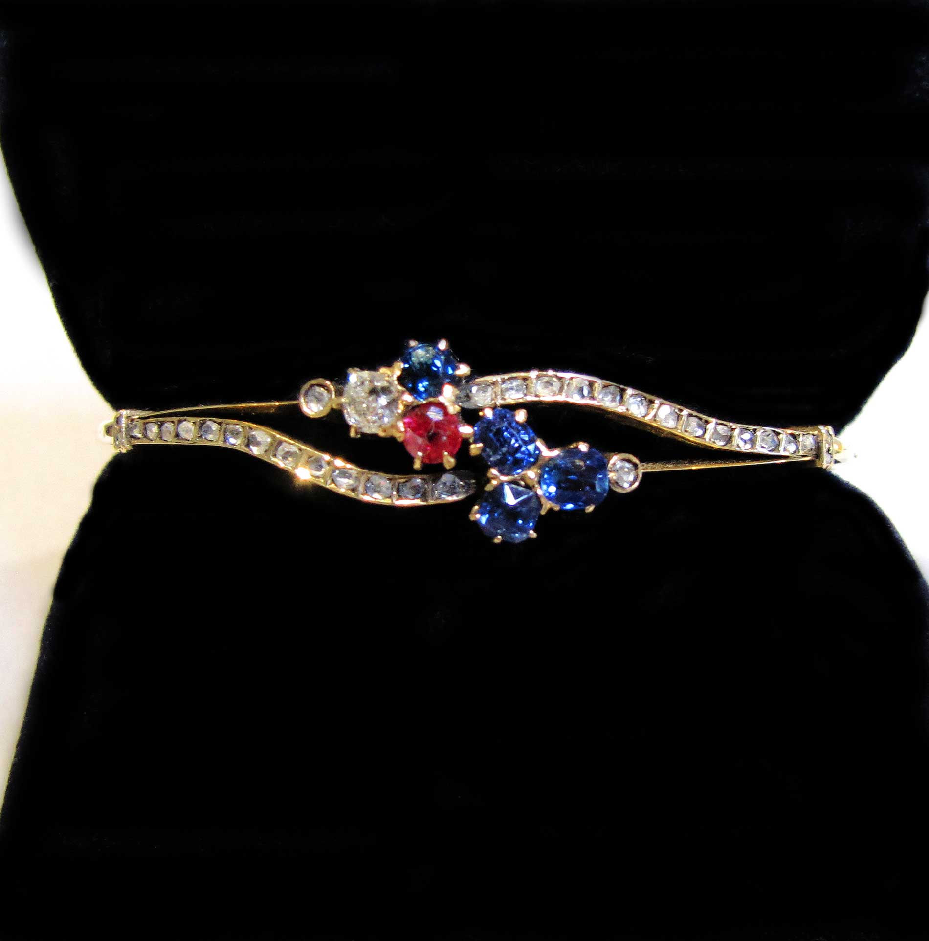 Victorian Diamond, Sapphire, and Ruby Hinged Bangle Bracelet
