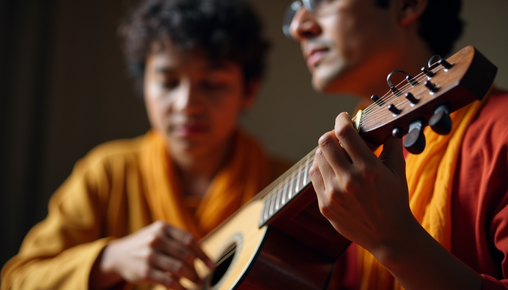 Eye-level view of a classical Indian vocalist performing with a tanpura in the background