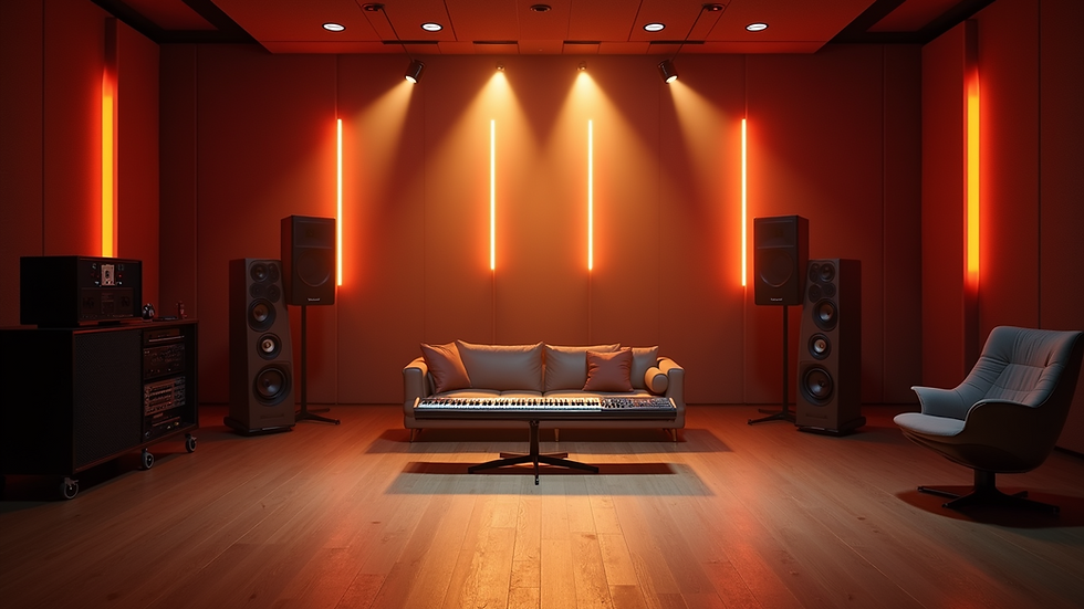 Eye-level view of a serene sound studio with ambient lighting