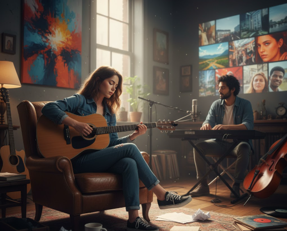 A woman plays guitar while a man plays keyboard in a cozy room with art on the wall. Sunlight streams through the window, creating a warm ambiance.