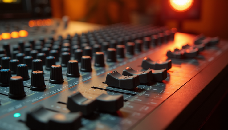 Close-up view of a studio mixing console with reverb settings for Indian classical vocals