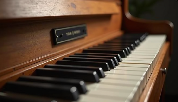 Close-up view of harmonium keyboard with detailed wooden texture