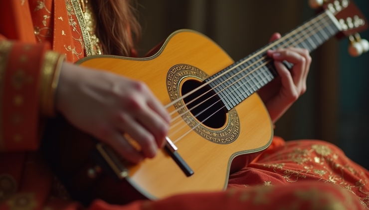 Eye-level view of a vocalist practicing with a tanpura in a traditional Indian music setting