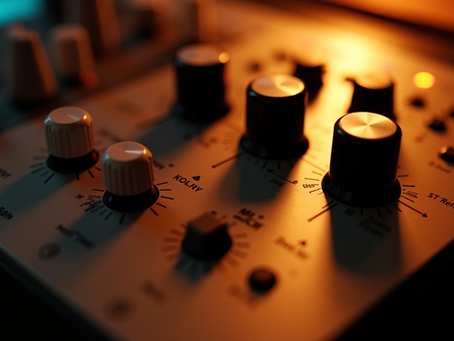 Close-up view of vintage analog synthesizer knobs and dials