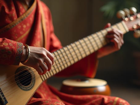 Close-up view of a classical vocalist practicing intricate alankar patterns on a tanpura