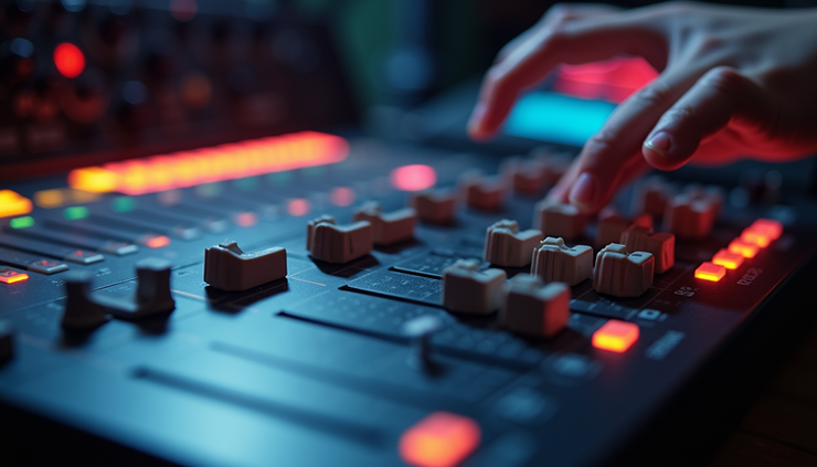 Close-up view of studio mixing console with vocal EQ settings