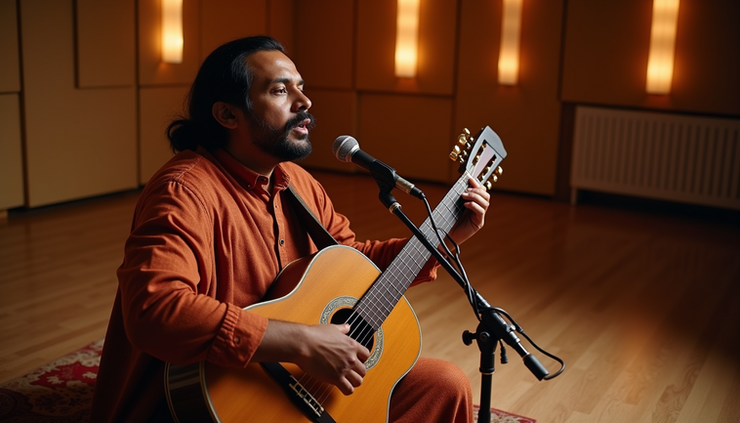 High angle view of a classical Indian vocalist performing in a studio with acoustic panels