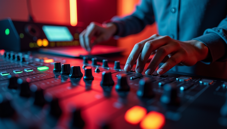 Eye-level view of a music producer mixing a Bollywood song on a digital audio workstation