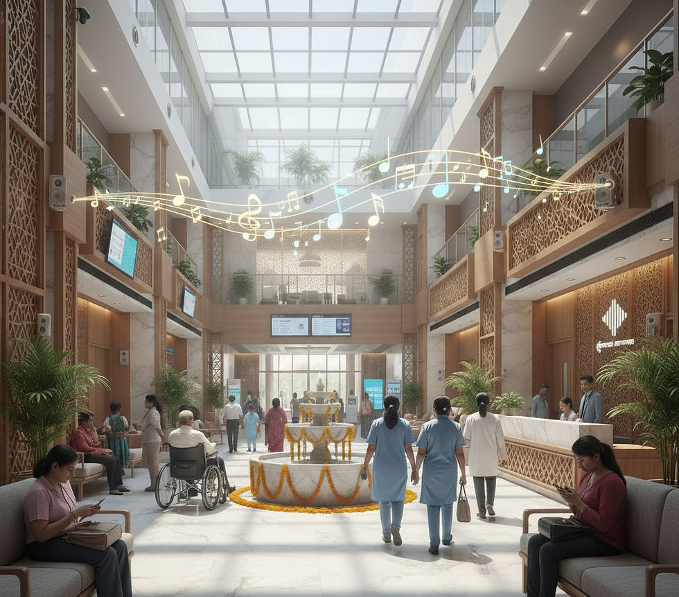 Hospital lobby with people, including staff and visitors, a man in a wheelchair, a glowing musical note display, and a festive fountain.