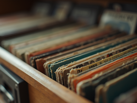 Eye-level view of a vintage vinyl record collection
