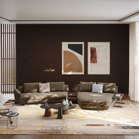 Modernes Wohnzimmer mit grünen Sofas und großen Fenstern von Walter Knoll.