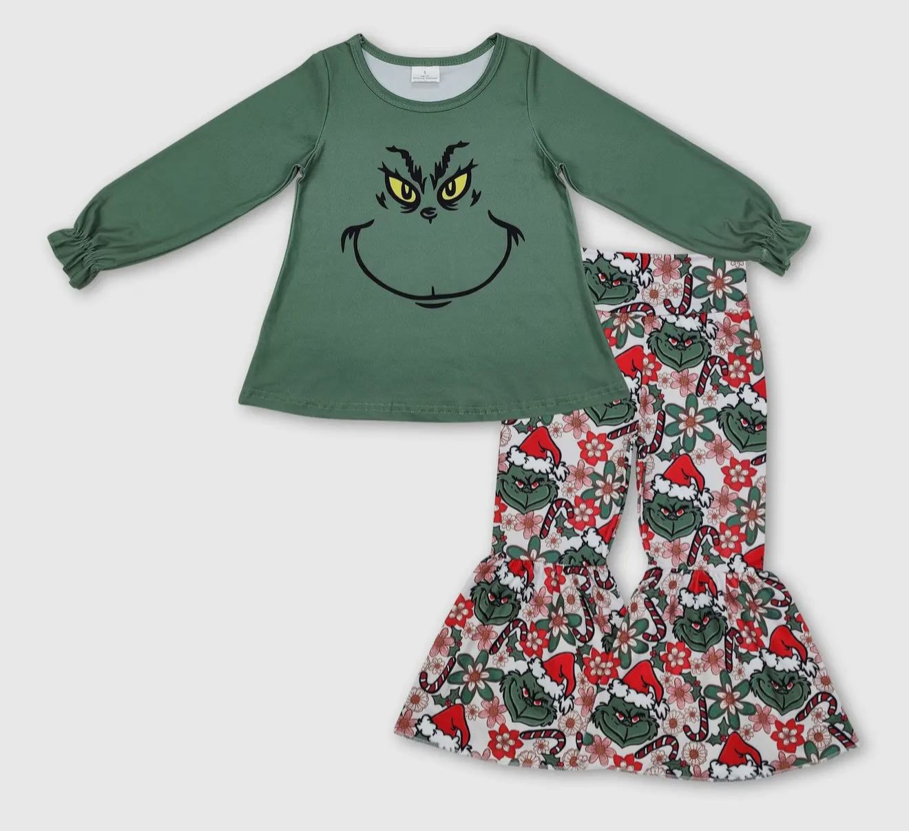 Green Face Top Floral Bell Bottom Pants Girls Christmas Outfit