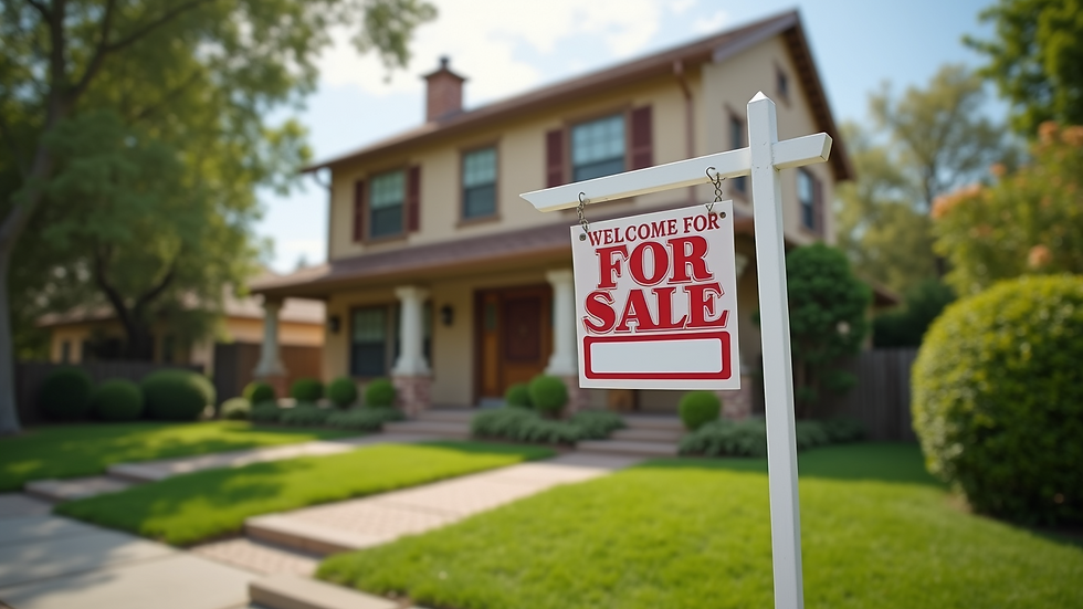 High angle view of a welcoming home with a for sale sign