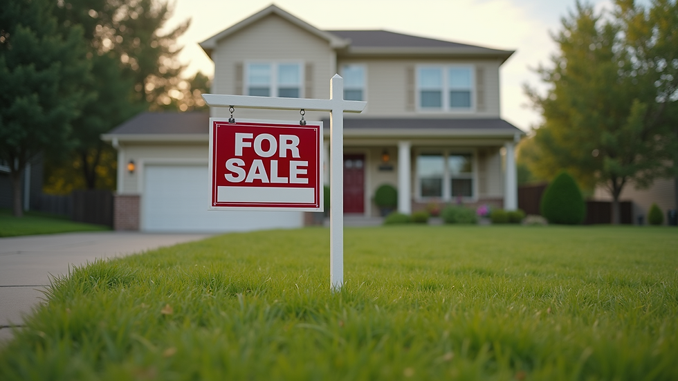 Eye-level view of a suburban home with a "For Sale" sign