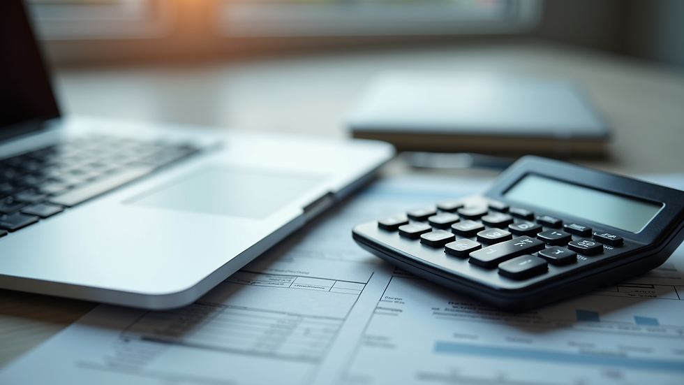 Close-up view of a calculator and financial documents on a desk