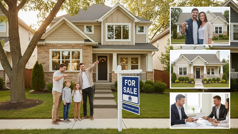 Eye-level view of a suburban home with a "For Sale" sign in front