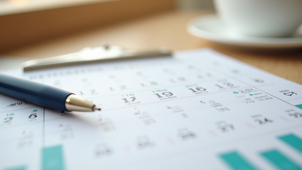 Close-up view of a calendar and pen on a desk