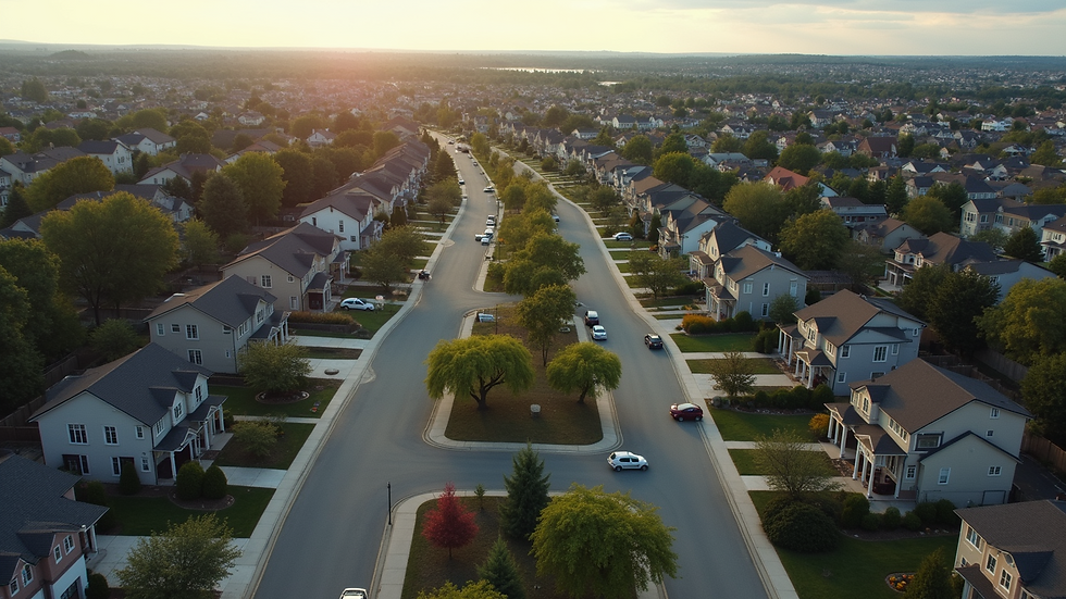 High-angle view of a local neighborhood with homes