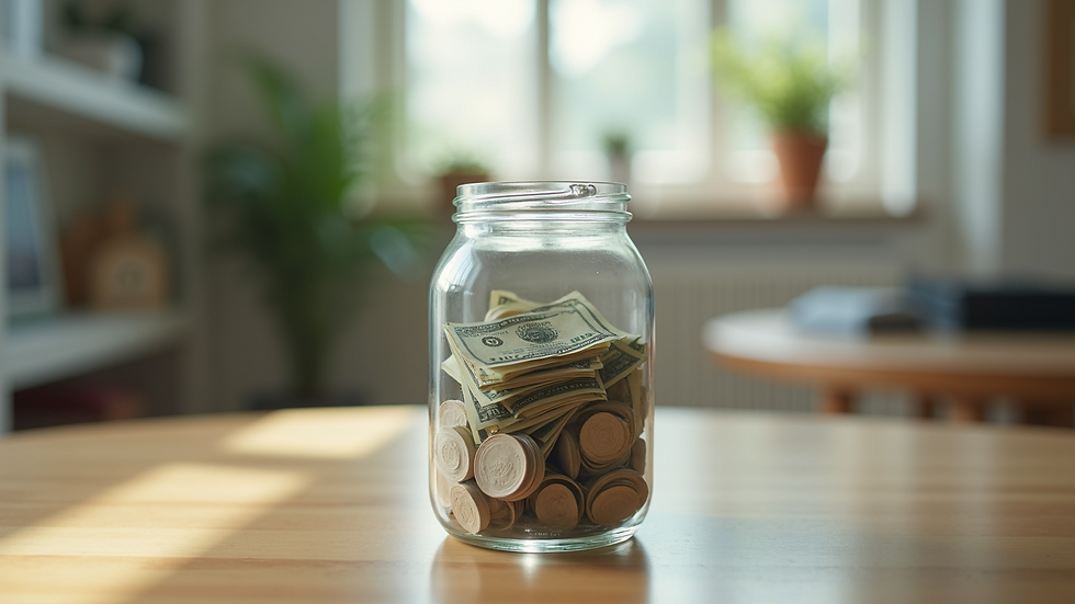 Close-up view of a savings jar filled with cash