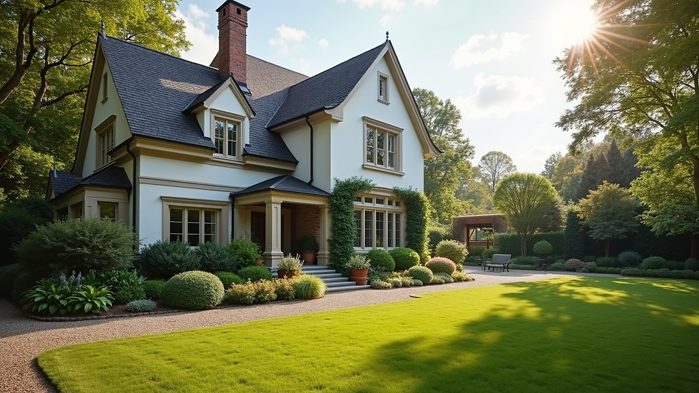 Wide angle view of a beautiful house with well-maintained landscaping