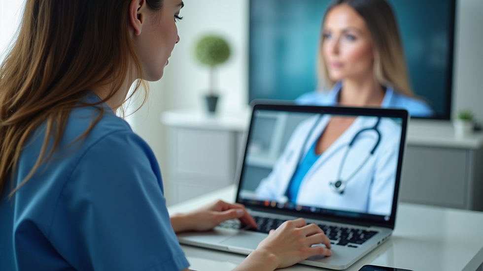 Close-up view of a nurse practitioner reviewing a patient’s health chart during a telehealth session