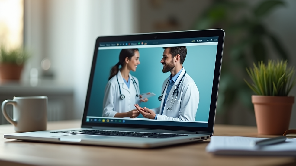 Eye-level view of a laptop displaying a virtual health consultation