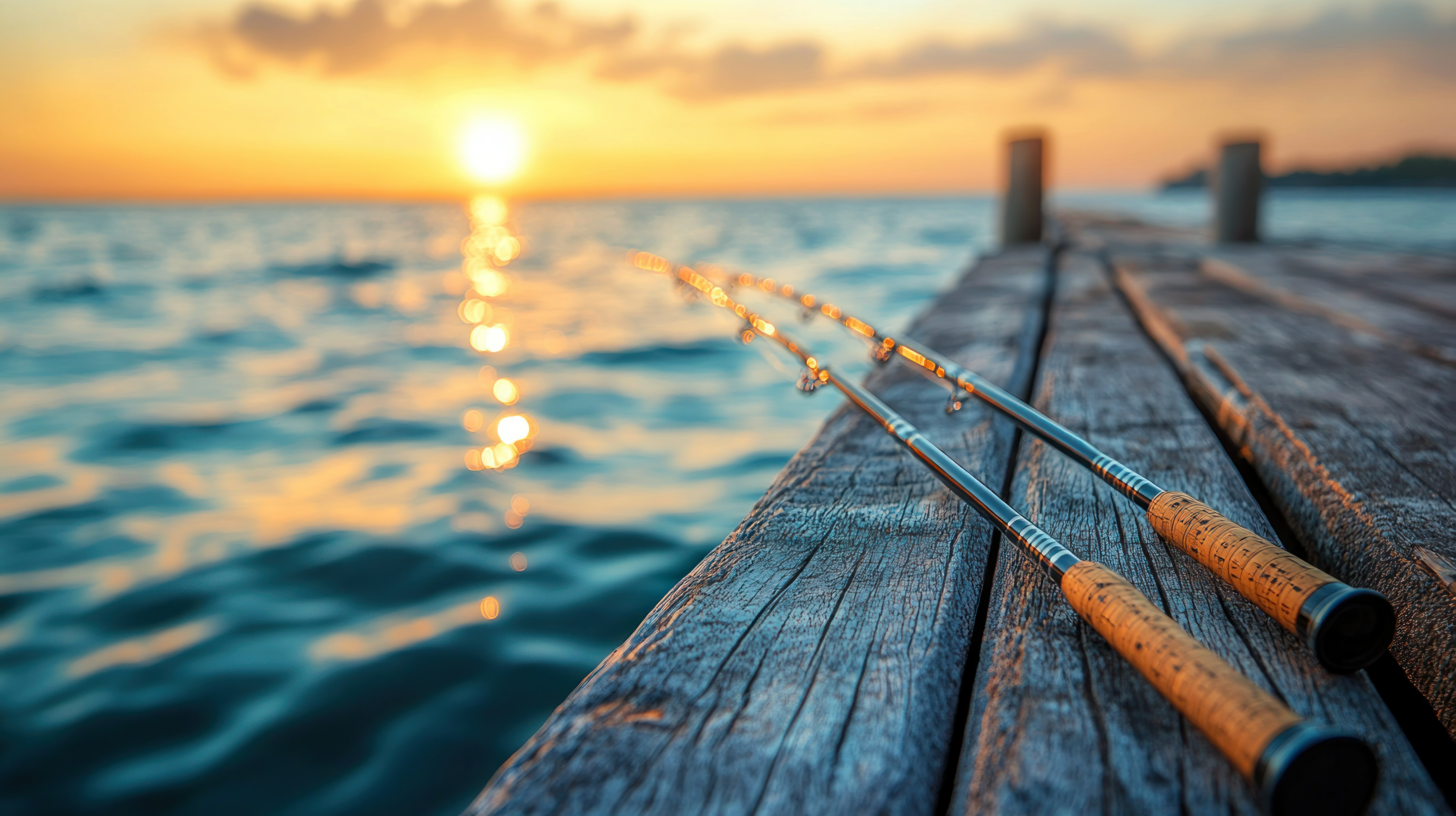 Sunset fishing rods on dock over water