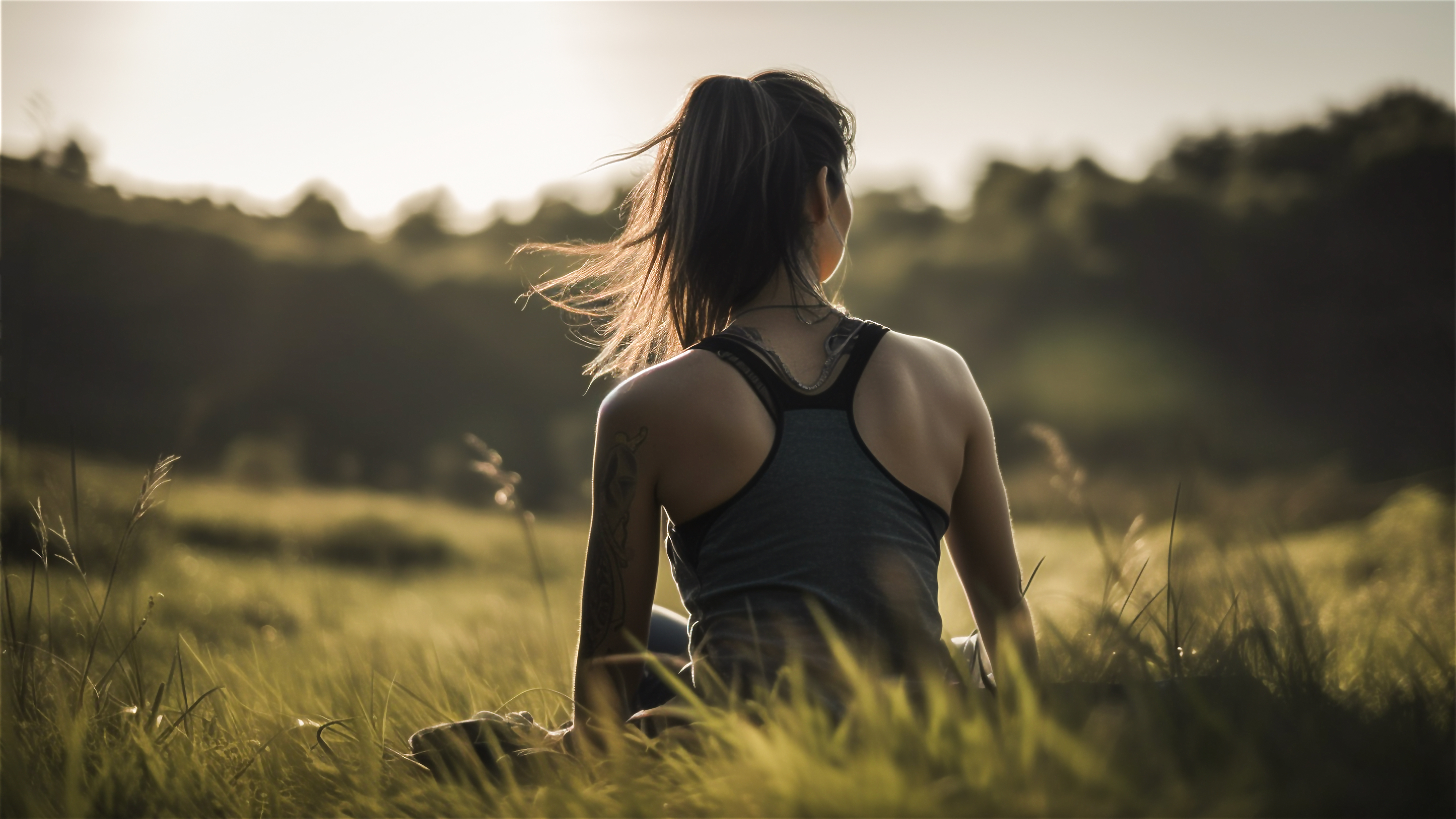 A girl sitting in calming field
