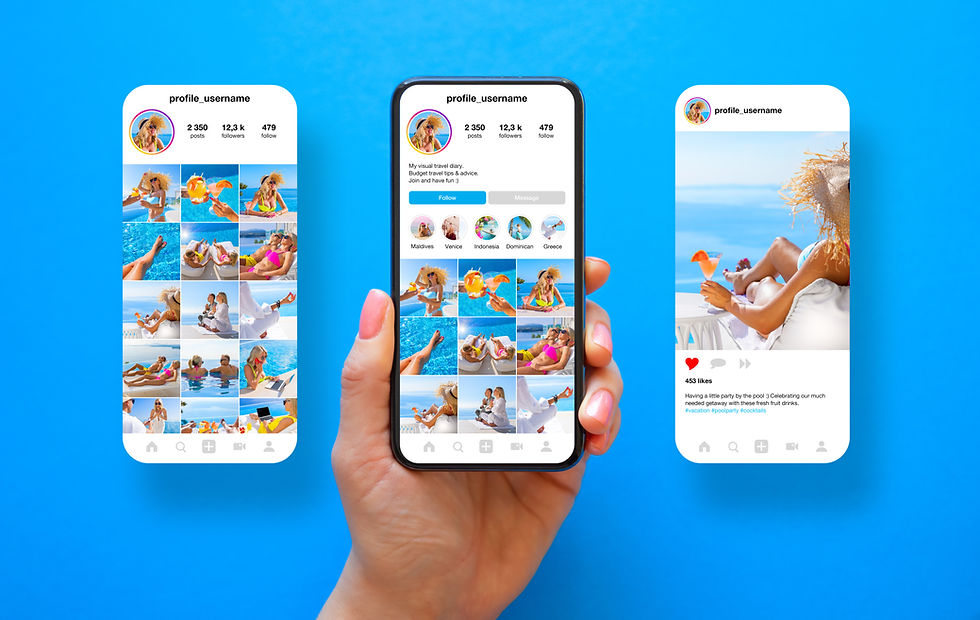 Sample layout of social media user profile, photo gallery and single post page design