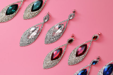 Women's Jewelry, Diamond Earrings with Black, Transparent, Red and Blue Diamond stones