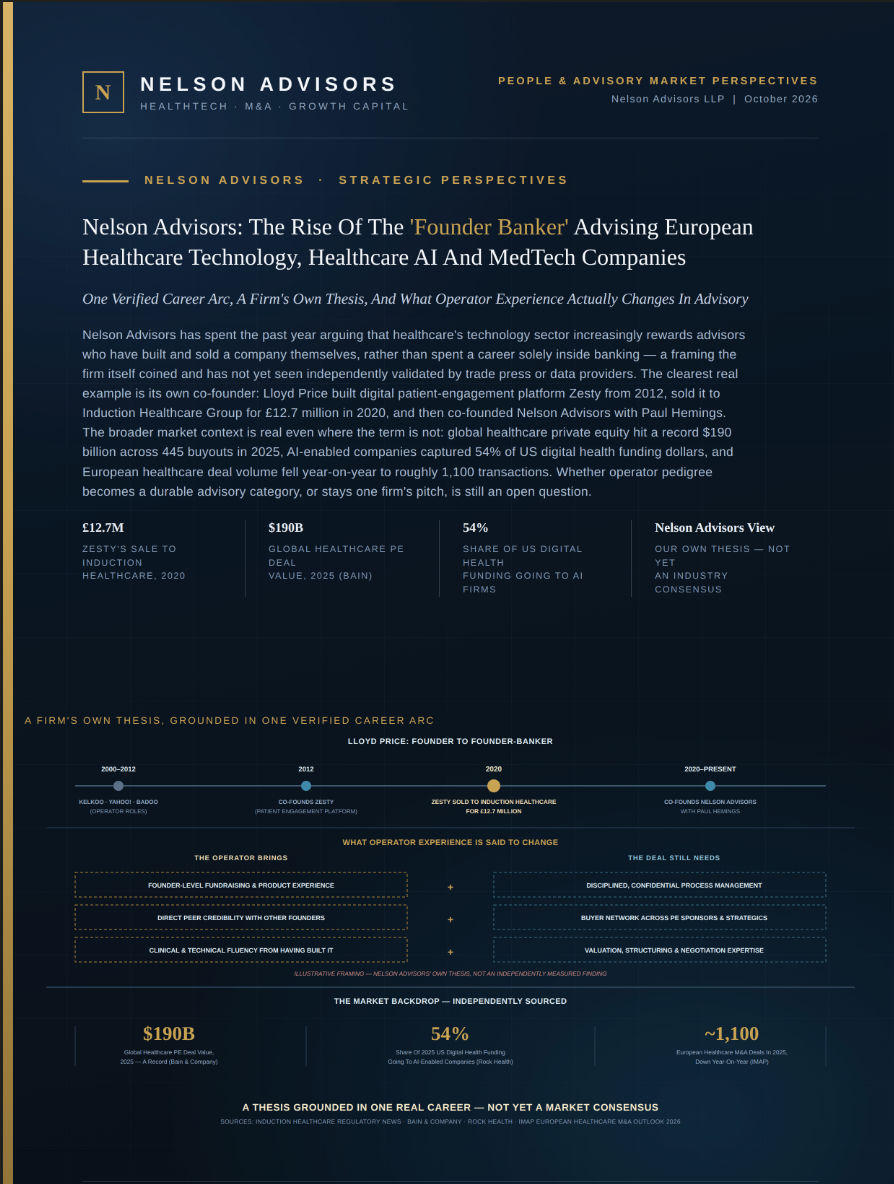 Nelson Advisors: The Rise of the #FounderBanker advising European Healthcare Technology, Healthcare AI and MedTech companies