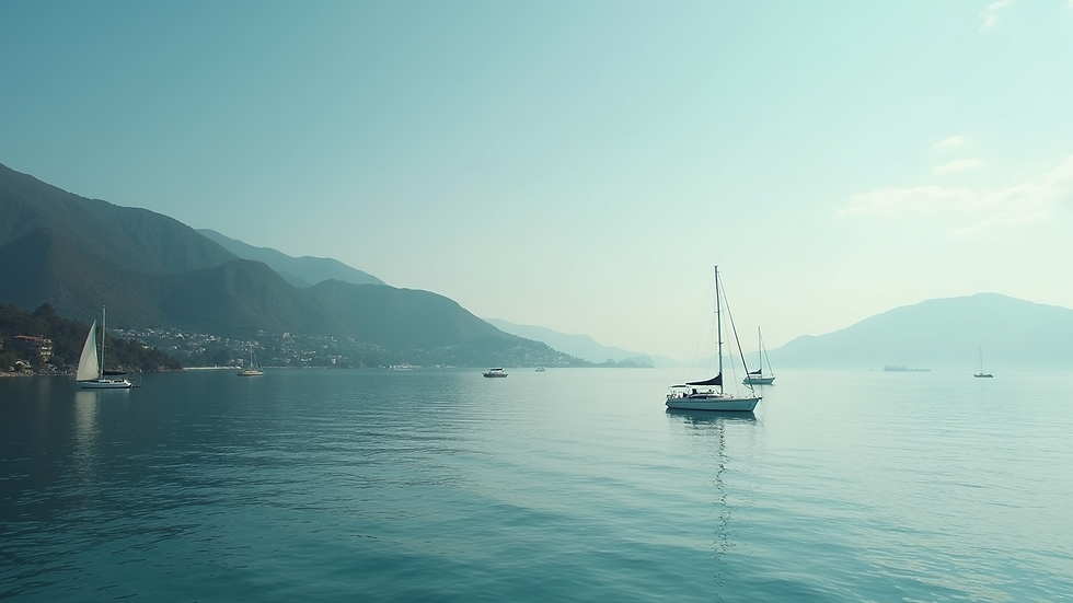 Wide angle view of calm bay waters with sailboats near Paraty’s coastline