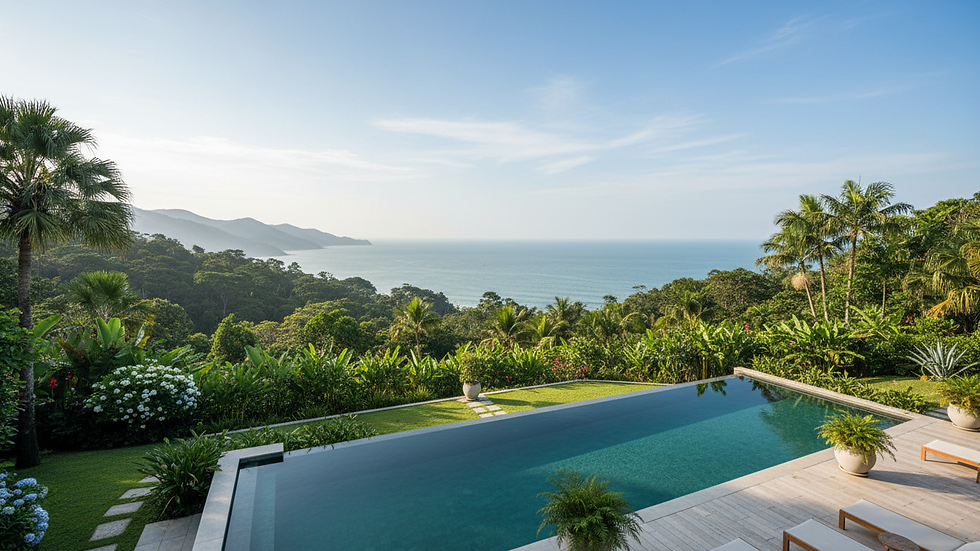 High angle view of private pool and garden in Ubatuba luxury home