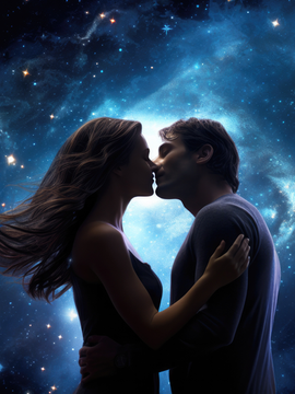 m casal apaixonado se beija suavemente contra um fundo celestial repleto de estrelas e nebulosas azuladas. A mulher, de cabelos longos esvoaçantes, veste um vestido preto, enquanto o homem, de cabelos ondulados, usa uma blusa de manga longa. A cena transmite um clima romântico e mágico, como se o amor deles estivesse conectado ao universo.