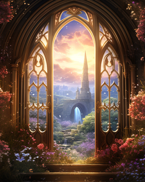Janela gótica para um jardim encantado com flores, luz dourada e cachoeira, simbolizando espiritualidade, harmonia e conexão com o divino